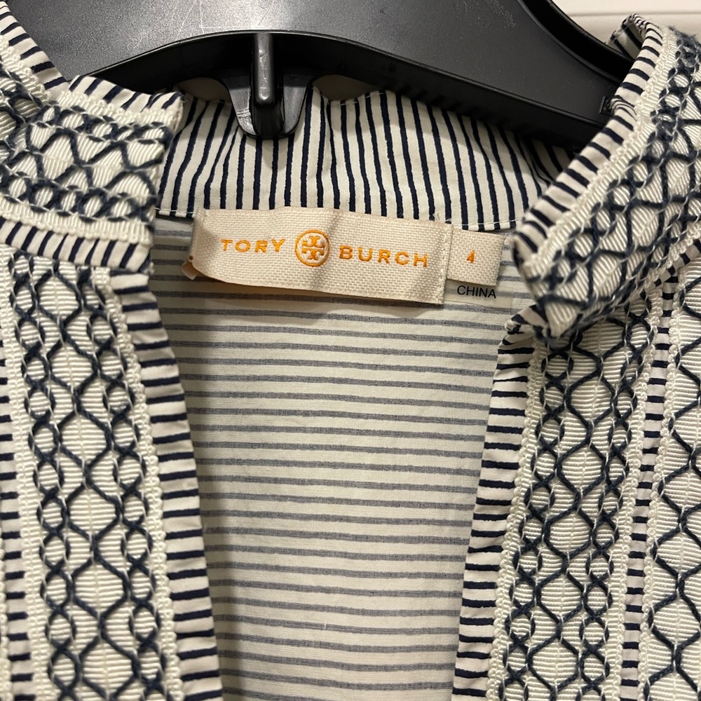 Tory Burch blue and white pinstripe dress with 3/4 length sleeves